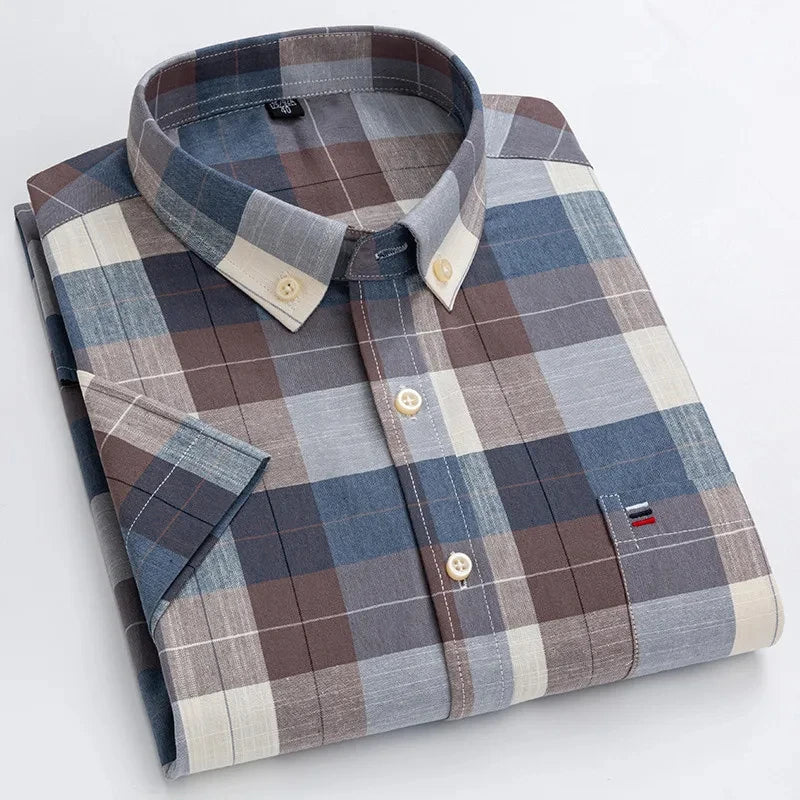Men's high-quality Oxford cotton short sleeved shirt for summer comfort breathable classic solid color plaid business leisure Quick Pick Grocers